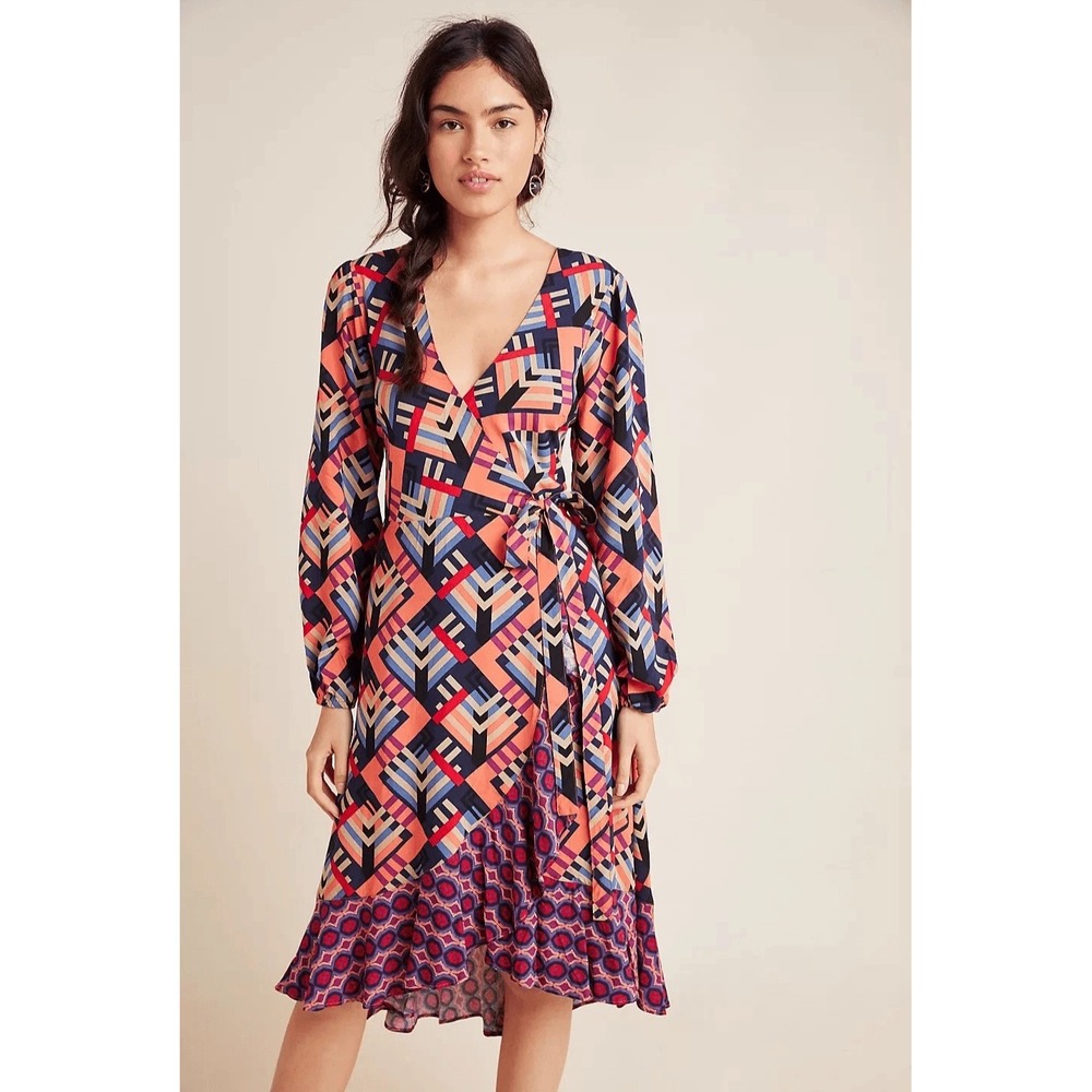 NWT Anthropologie Porridge Amity Geo‎ Print Wrap Midi Dress XS Long Sleeve